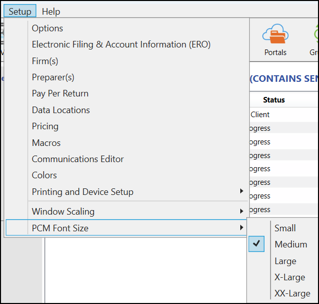 Image of PCM Font Size under Setup > Options.